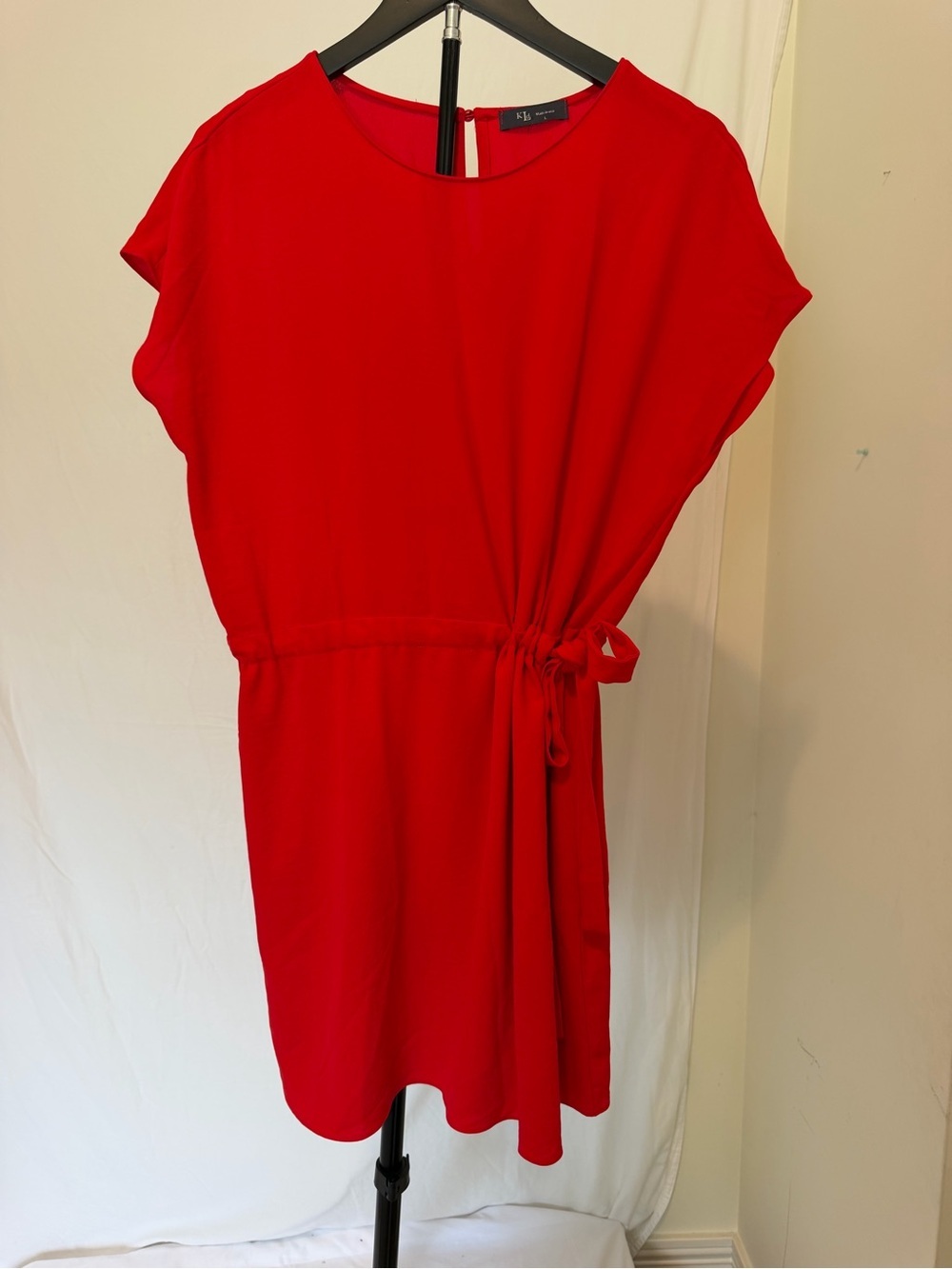 KLD Red Tie Waist Lined Shift Dress Large Dolman Sleeve